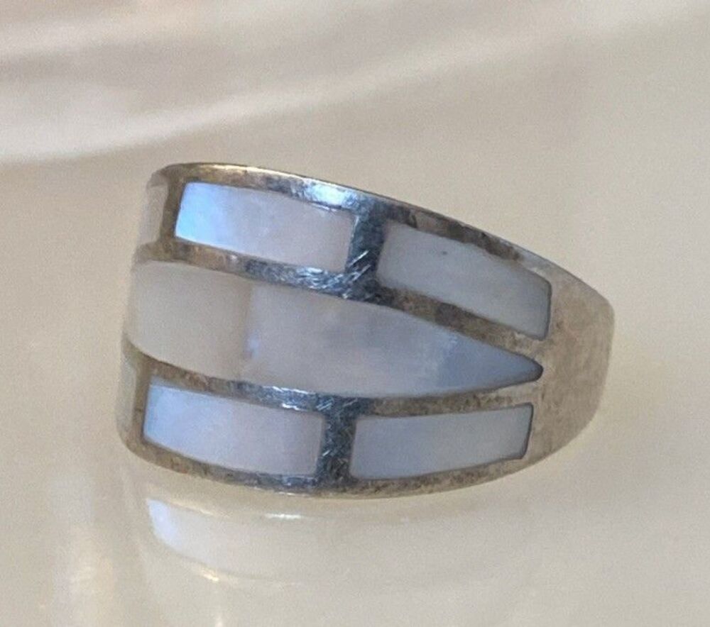 Mother of Pearl Inlay 925 Sterling Silver Nacre Iridescent Mosaic Tile Ring 7.5